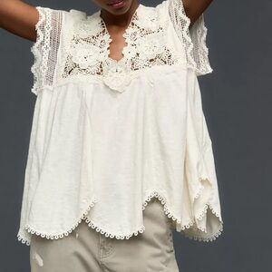 Anthropologie V-Neck Short-Sleeve Lace Swing Top *NWT* Size M